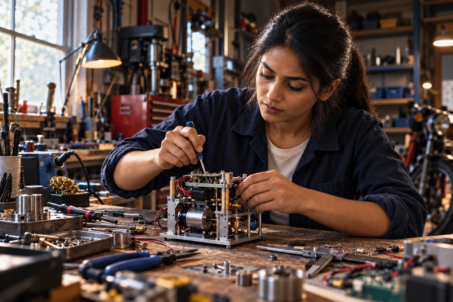A South Asian woman engineer developing an electronics prototype in her workshop