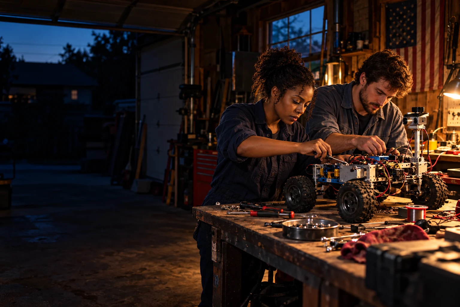 A Black woman founder and a white man engineer building a robotics prototype together in a garage