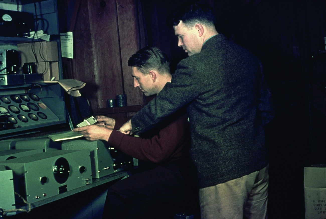 David Packard and William Hewlett working together at their Addison Avenue workbench in 1938