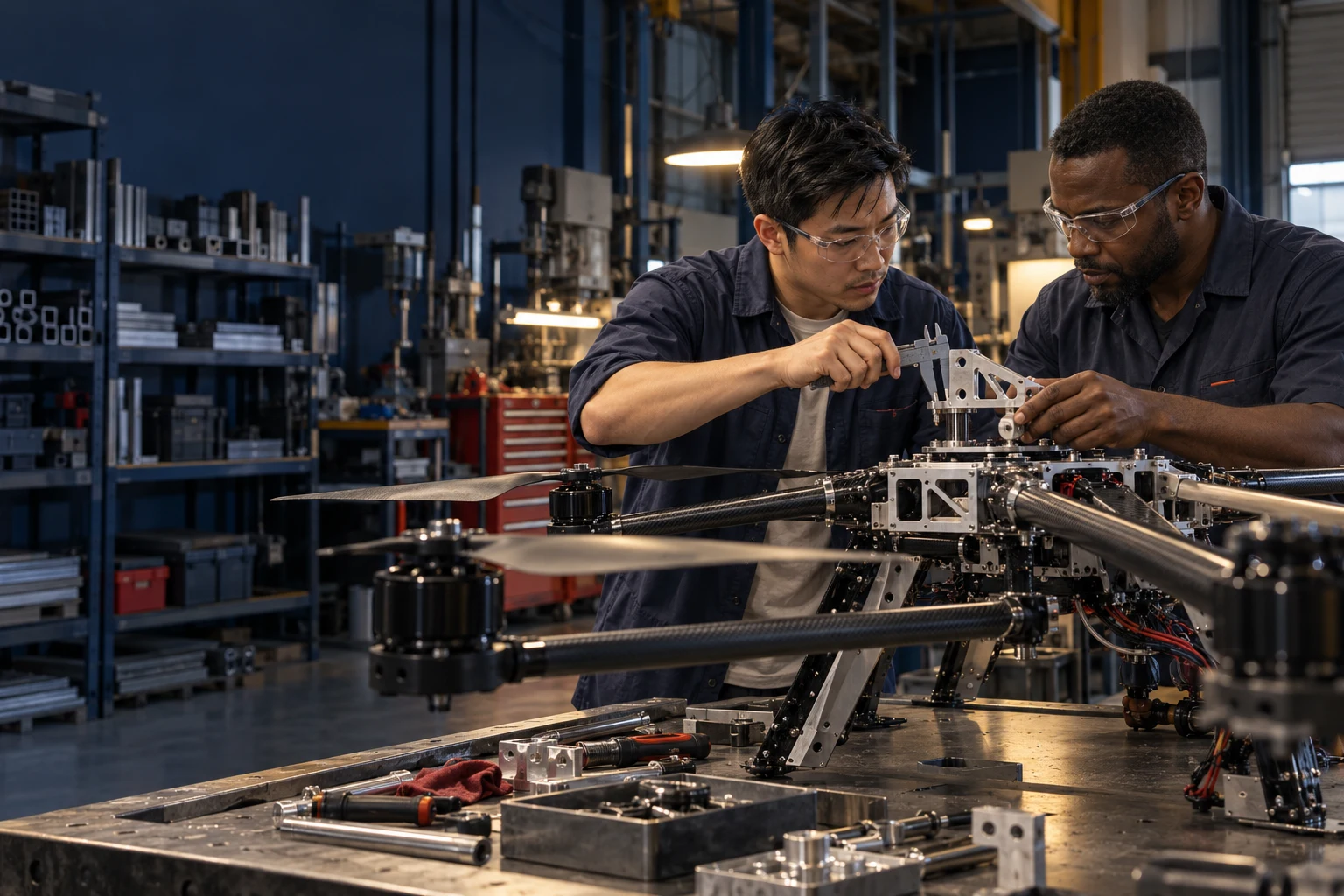 An East Asian engineer and a Black fabricator building a prototype together in an industrial workshop